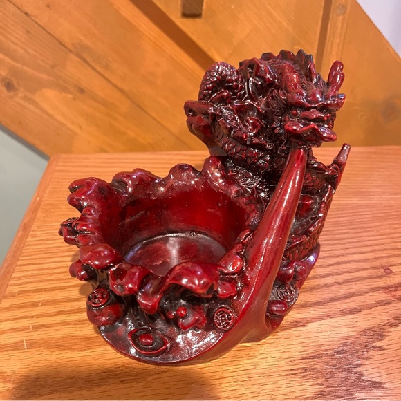 Vintage Chinese Red Lacquer Resin Dragon Holder Candle, Trinket, Ashtray Coins - Picture 2 of 10